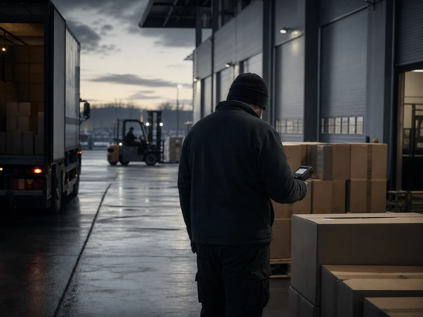 En lagerarbetare skannar ett paket vid en lastkaj i gryningsljus.