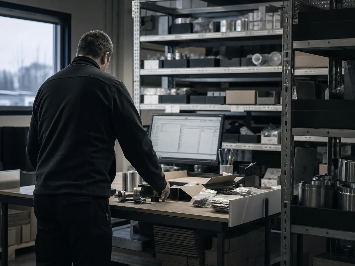 En medarbetare förbereder en order bland hyllor med industrikomponenter.